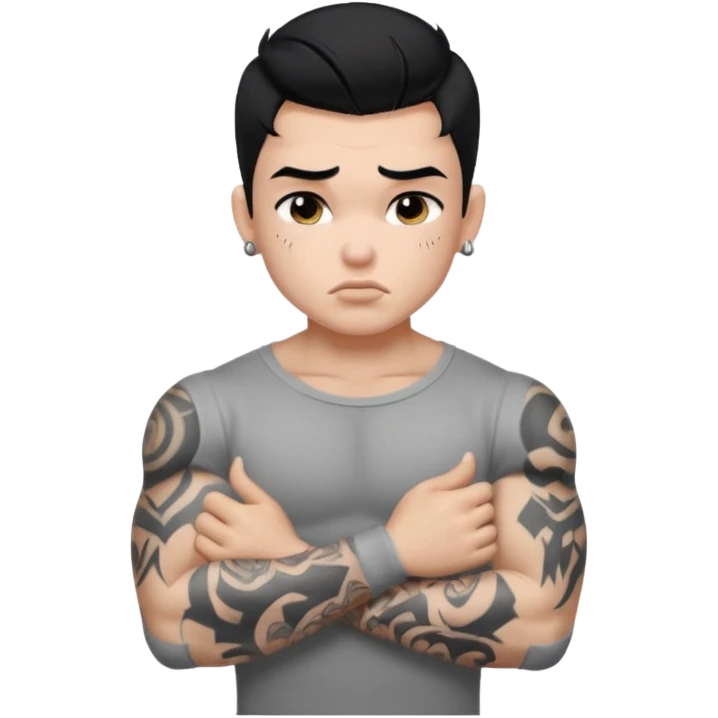a PRETTY BRATZ boy with black hair, big biceps, full grey sleeve, crying emoji