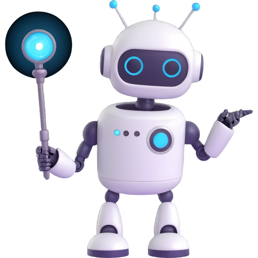 A cute robot is holding a magic wand emoji