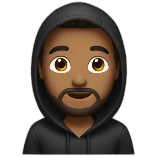 Brown guy in black hoodie waving hand , trimmed beard , black eyes emoji