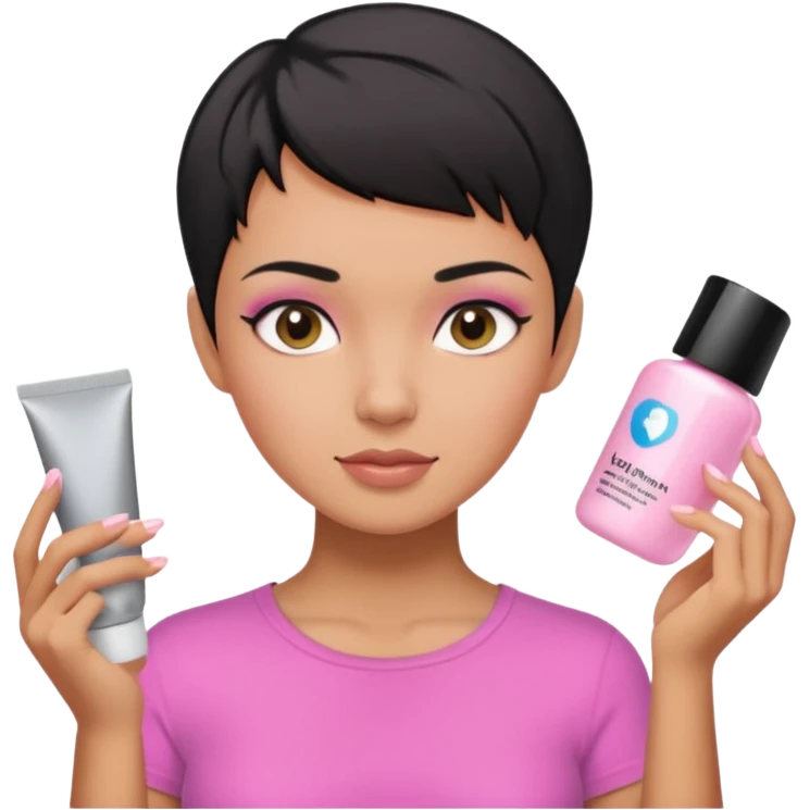 tan girl pink shirt with black hair & a pixie, doing her skin care emoji