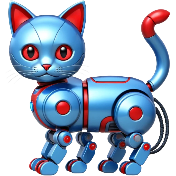 generate robot cat, glossy, realstic, red and blue color, write on text "LMX" emoji