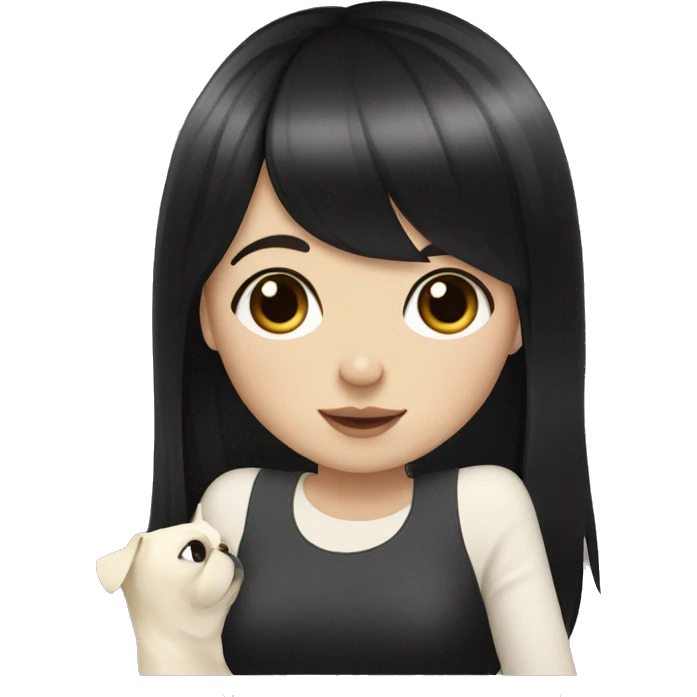 girl with long black hair and bangs holding white pug emoji