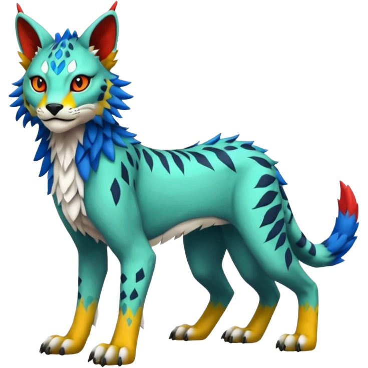 Colorful tropical edgy Lynx-Trico-Sergal-Wolf-Vernid-Fakémon-Pokémon-creature (full body) emoji