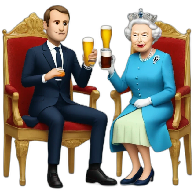 Macron and the Queen Elizabeth drinking a beer emoji