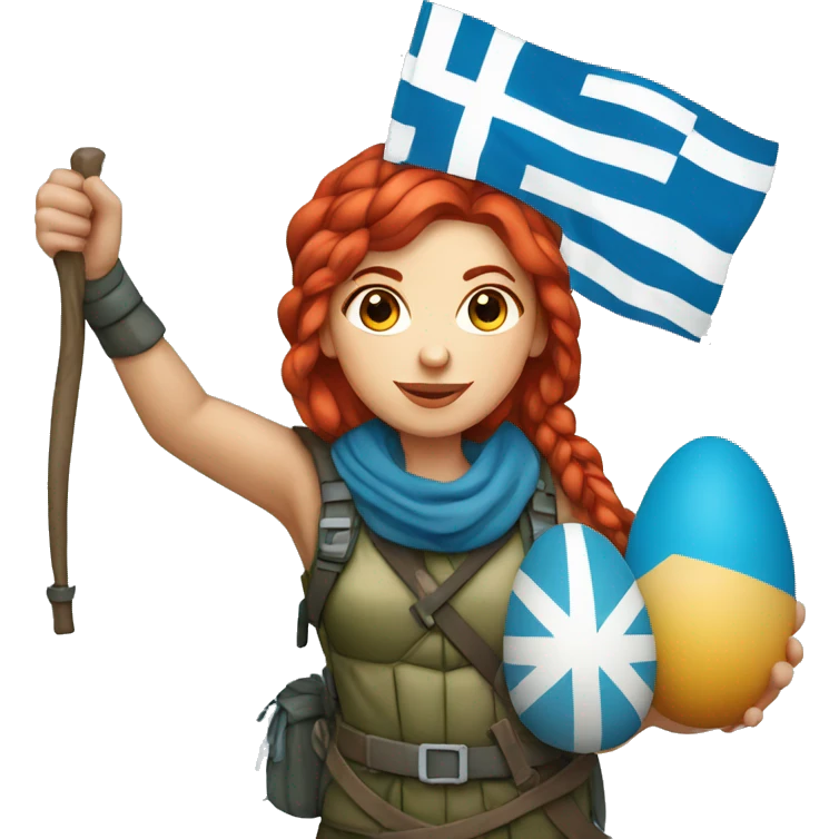 female winter mountaineer red hair holding greek flag and easter egg emoji