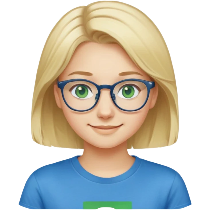 girl 17 years old. blond hair green eyes. glasses for vision gray color. in a blue T-shirt. white skin color smiles  emoji