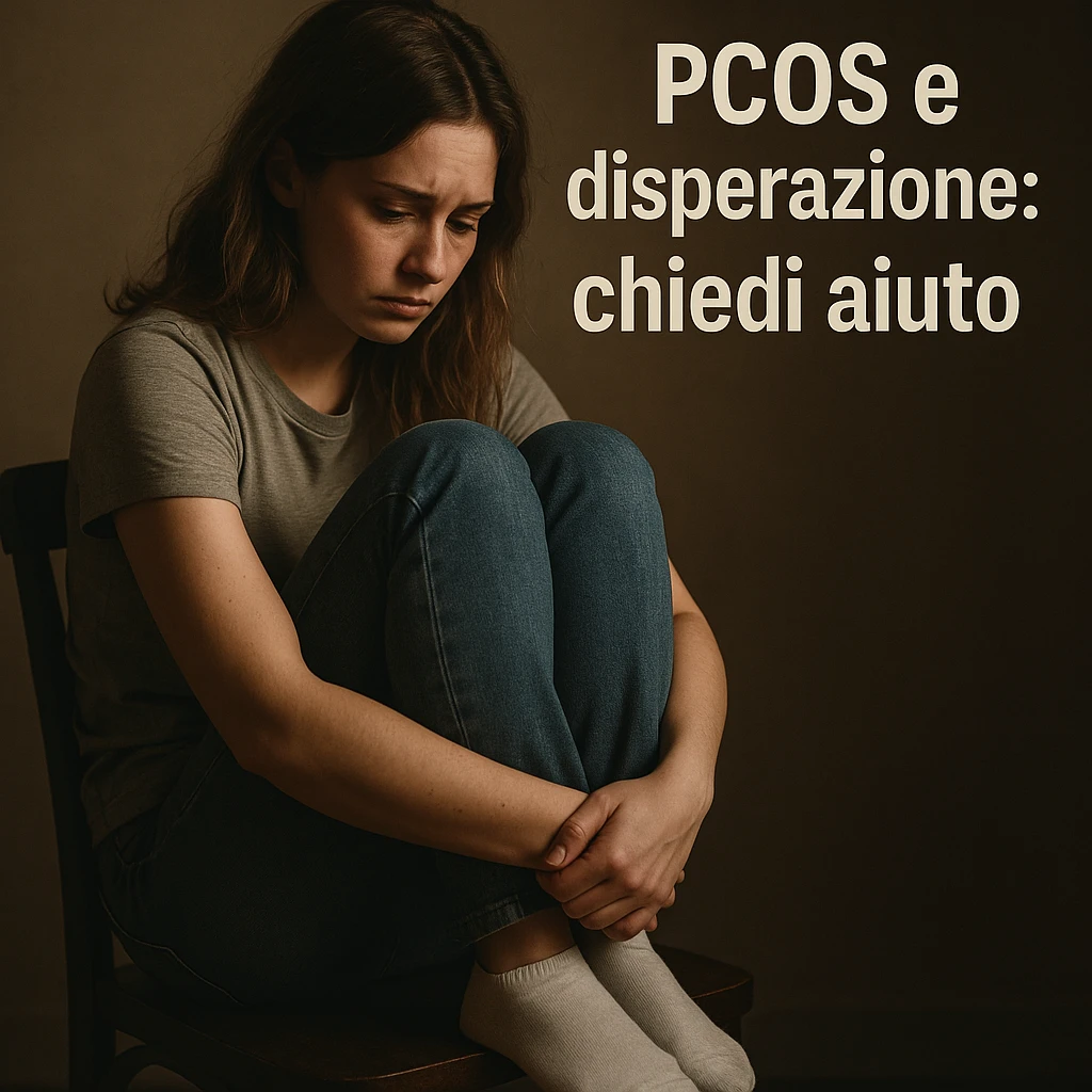 woman in casual clothing sitting on chair with knees to chest, downcast look, dimly lit room, Italian text: 'PCOS e disperazione: chiedi aiuto', 4K quality emoji