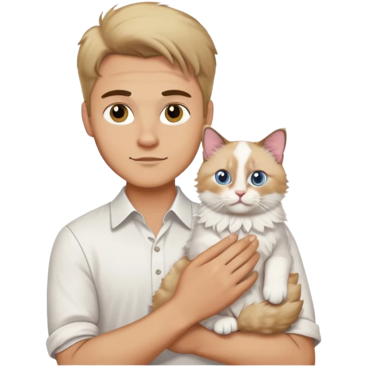 A Caucasian man in a white shirt holding a ragdoll cat emoji