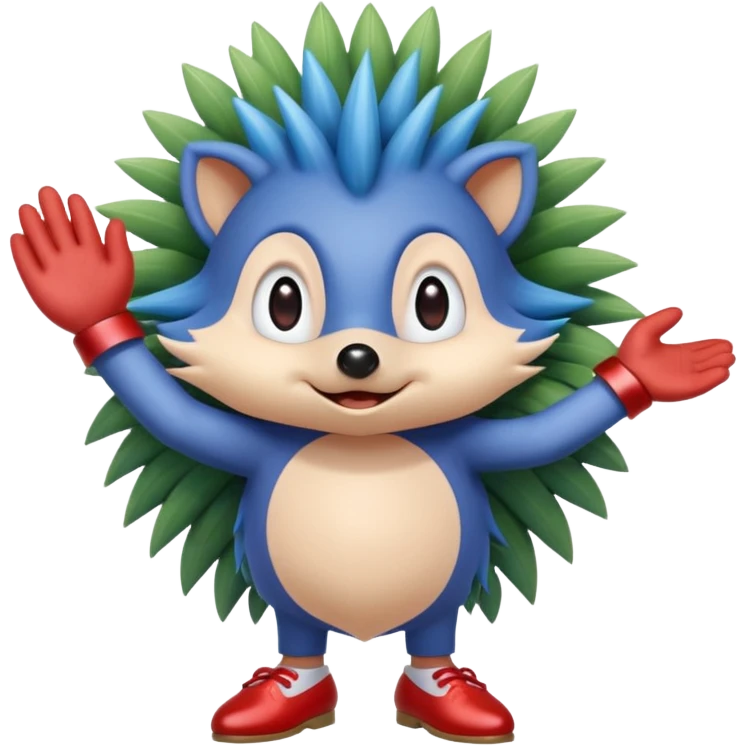 Blue hedgehog with red shoes and peach arms with large quills wave joint together eyeballs and green pupils emoji