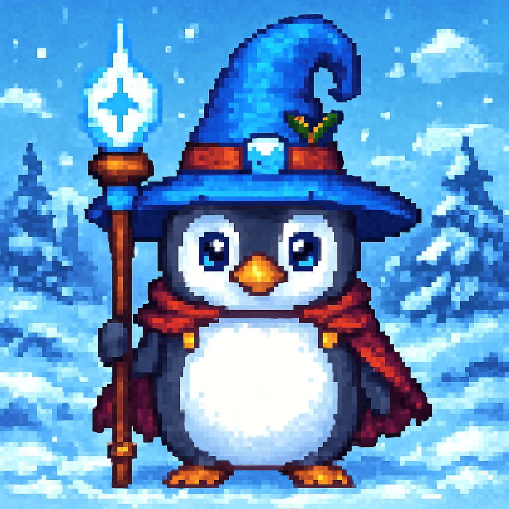 Add a snowy landscape background behind the pixel art penguin wizard, keep all original colors and style. Make it pixel art style. emoji