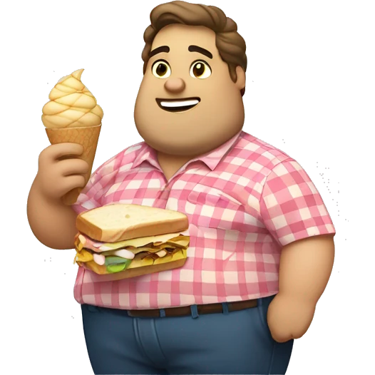 Overweight man in a checkered shirt eating a sandwich with one hand and an ice cream with the other."  emoji