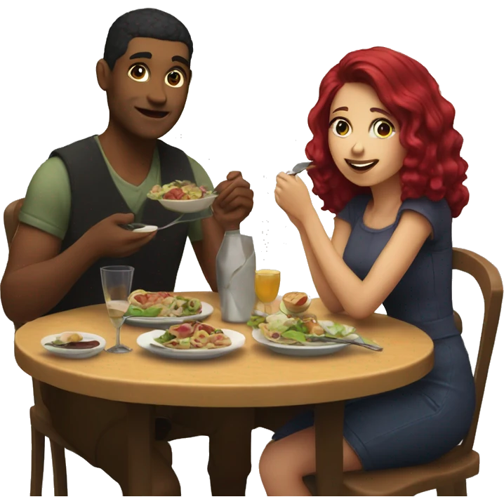 Girl with burgundy hair and her boyfriend sitting at the table eating dinner emoji