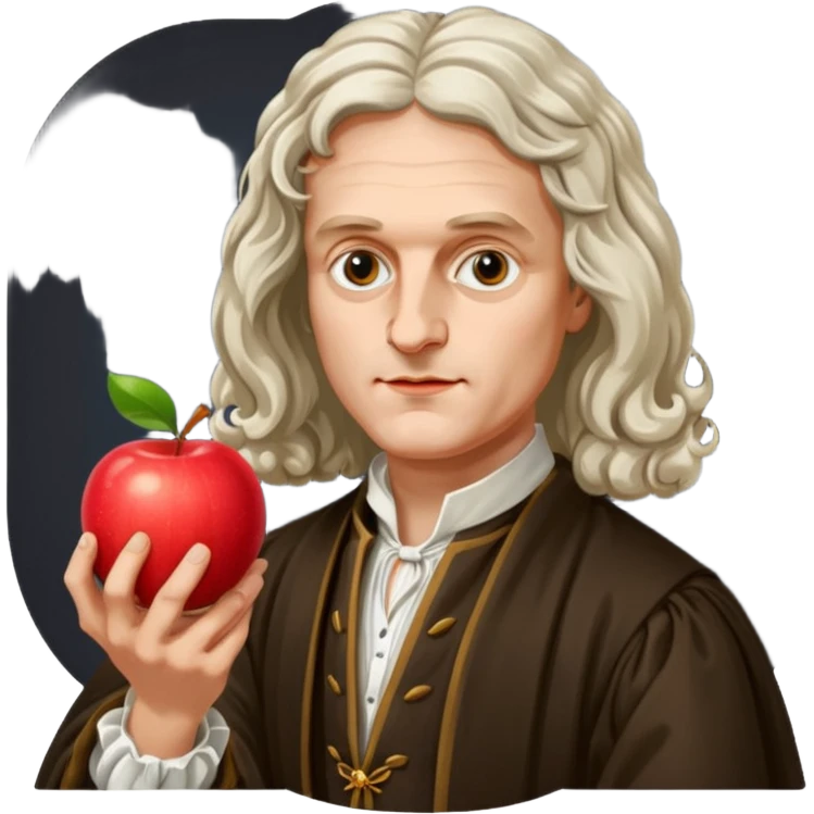Isaac Newton wearing 17th-century aristocratic attire, hold an apple emoji