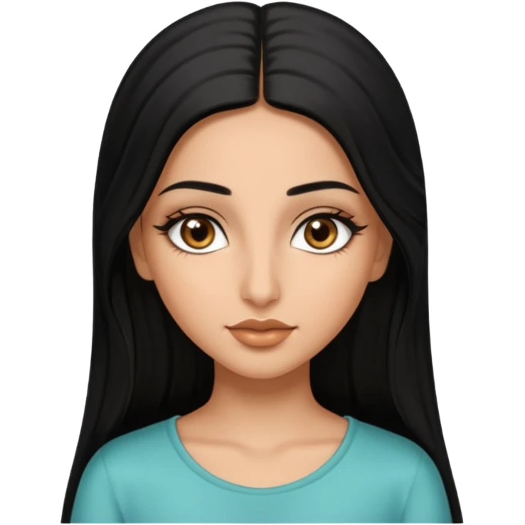 A arabic girl, who has long black styled silk hair, a bit of tan skin but not too tan. almond brown eyes that has black long lashes, small nose and full lips. and a bit of makeup like bronzer. and wearing a white tight top emoji