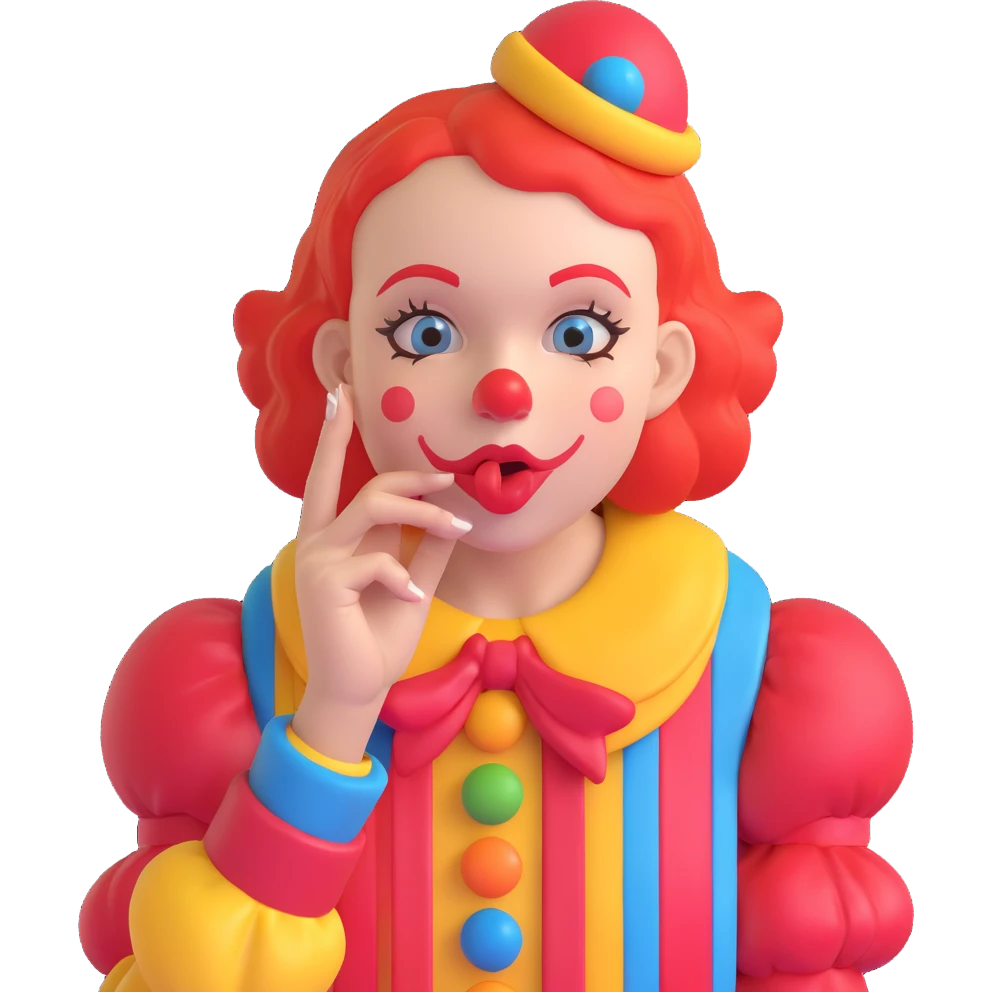 clown girl holding her hand near her mouth as if sharing a secret, playful and mischievous expression, vibrant colors, clear facial features emoji