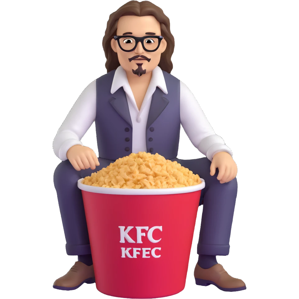 Johnny Depp sitting in a KFC bucket, long hair, facial hair emoji