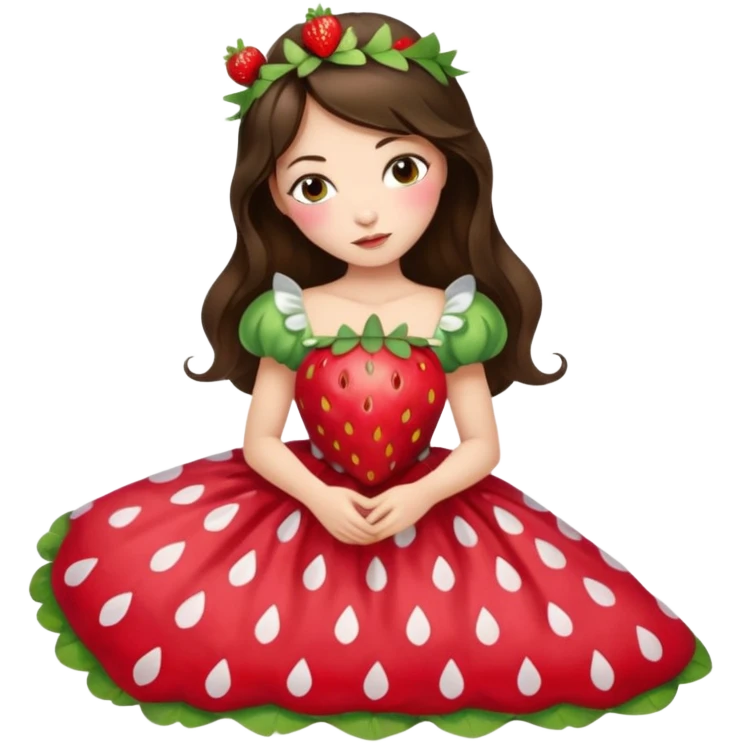 sleeping beauty brunette white girl with a silk pillow strawberry dress with her face painted fairy strawberry styles on top and her dress drawstring with a strawberry  emoji