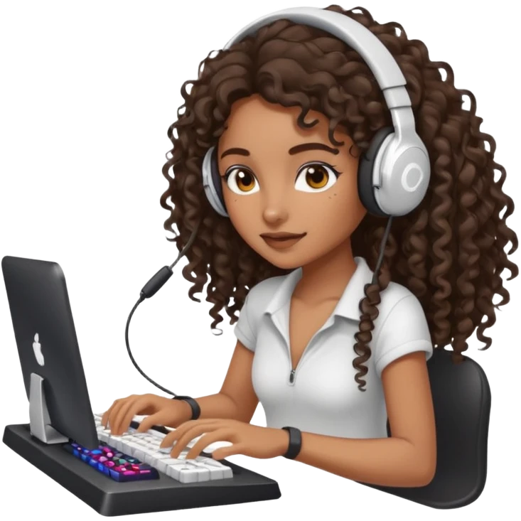 Brown skin Spanish girl with long dark curly hair, wearing a white gaming headset and playing on keyboard with a gaming mouse i emoji