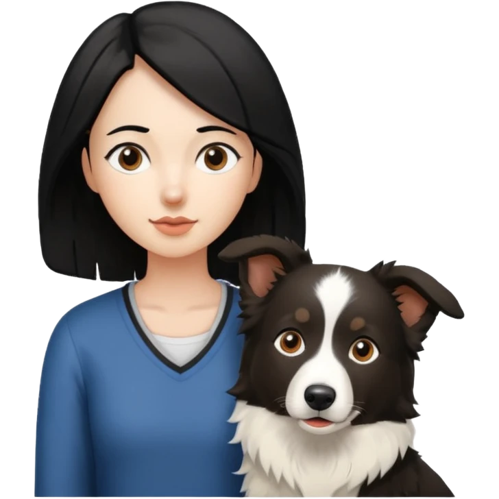 woman black hair with border collie brown and white emoji