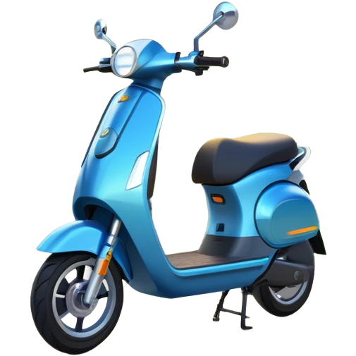 An icon featuring a sleek electric scooter parked on a scenic path. The background showcases a vibrant city park with green trees, flowers, and a clear blue sky. The sun sets in the distance, casting a warm golden glow on the landscape. Transparent background. emoji