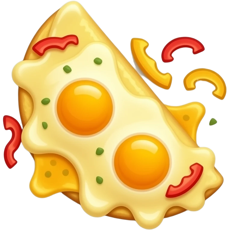 Pepper omelette on a white plate, fluffy golden eggs, melted cheese, red bell peppers and yellow bell peppers, glossy texture, vibrant colors, top down view, cute food emoji style, clean shapes, mobile game icon, isolated, transparent background emoji