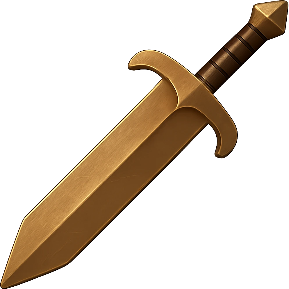 Make the greatsword a little wider and more shiny so it looks like bronze, keep the metallic bronze look with visible wear and scratches, no gems. The style should resemble emoji style with a transparent background. emoji