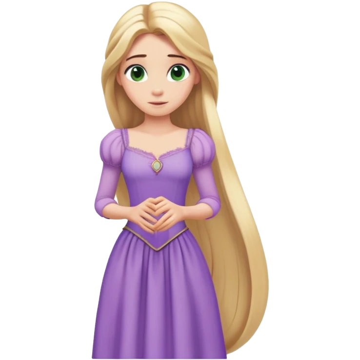 Rapunzel from hips up, lavender purple dress, extra long flowing blonde hair, green eyes, minimal style but very recognizable emoji