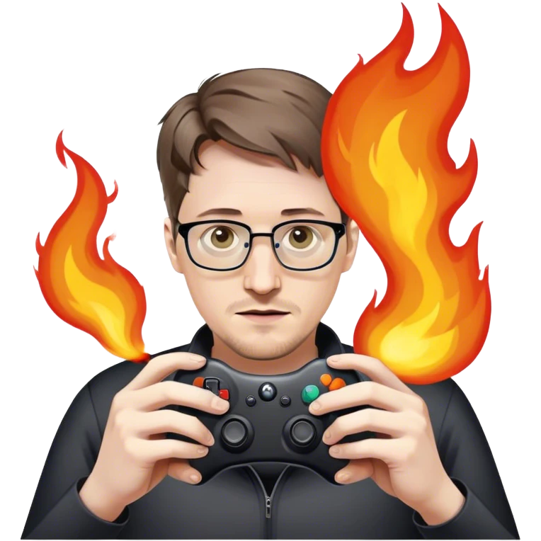 Edward Snowden holding out a gaming controller in front of him that is on fire  emoji