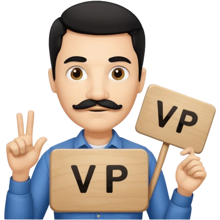 Black haired man with black mustache holding a sign that says VP emoji