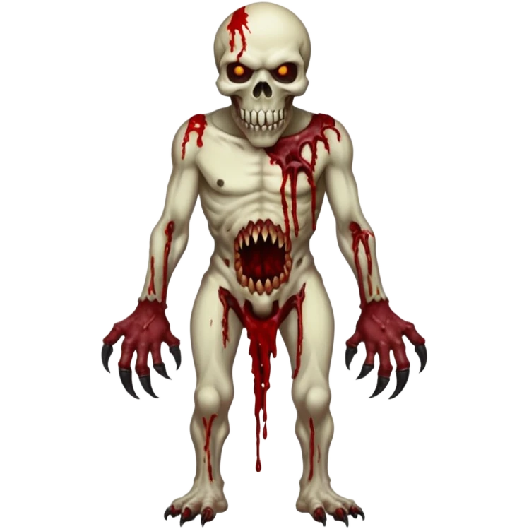 A Hideous mutated monster covered in rotton flesh and bloodin the style of your bleeding skull art, full body. Final boss character emoji