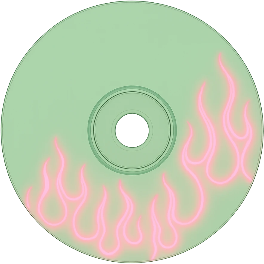 A minimalist CD disc with subtle pink flames, glowing effect, variation 2, color: green emoji
