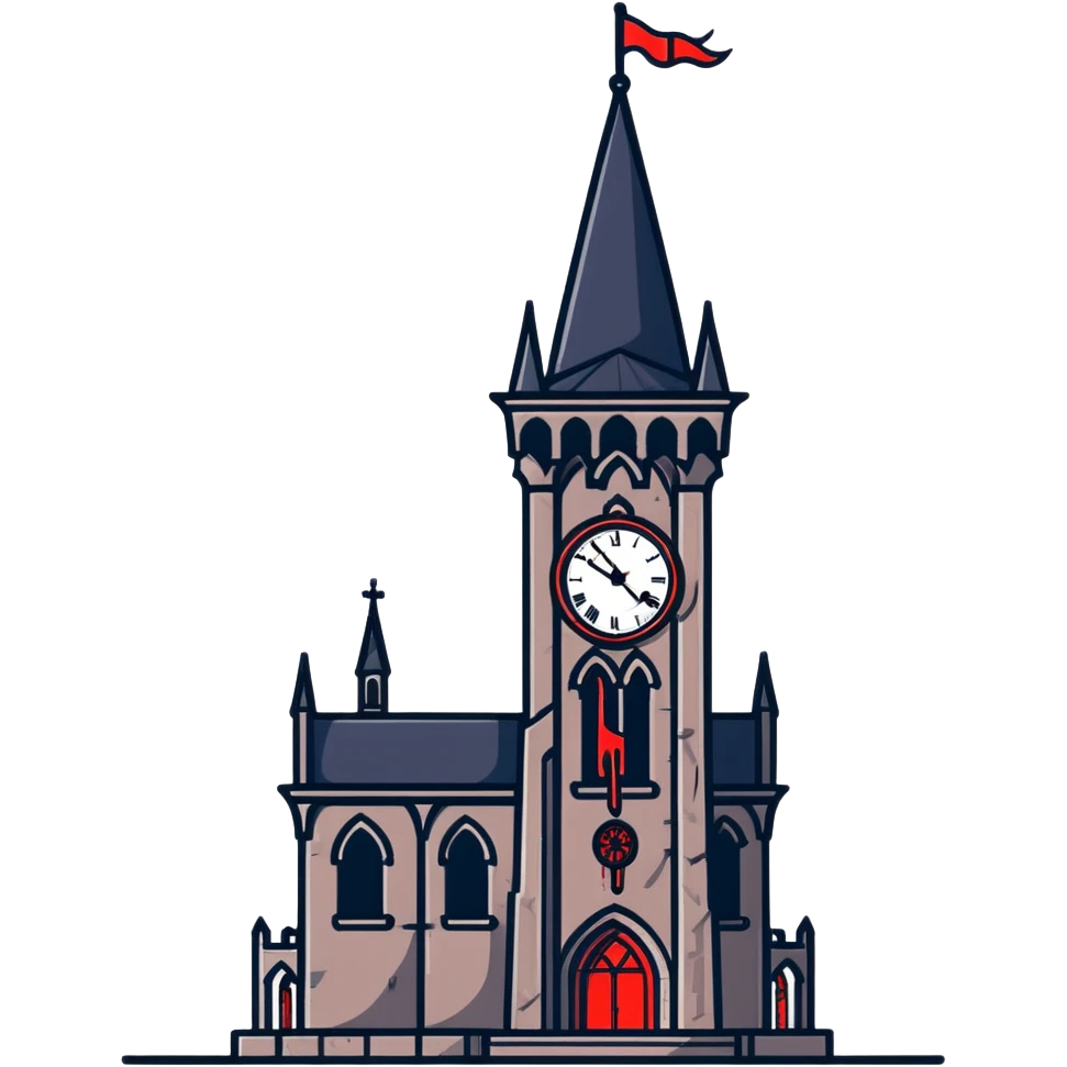 Gothic clocktower with blood running down its stone walls, creepy atmosphere emoji