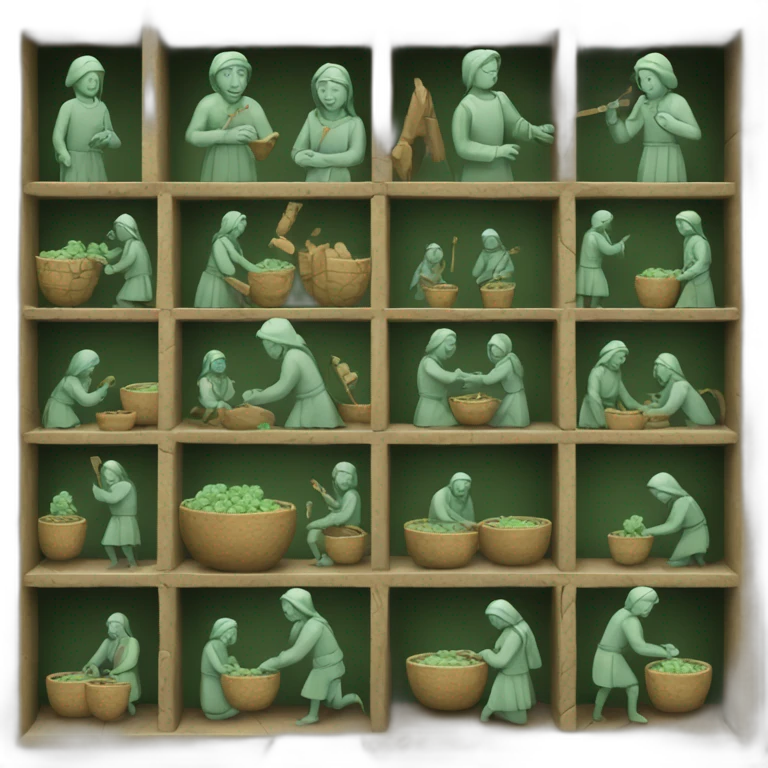inside of a medieval mint showing different people working inside emoji