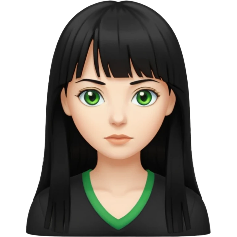 A white woman with Long straight hair with bangs, black hair, green eyes and a low-cut shirt emoji