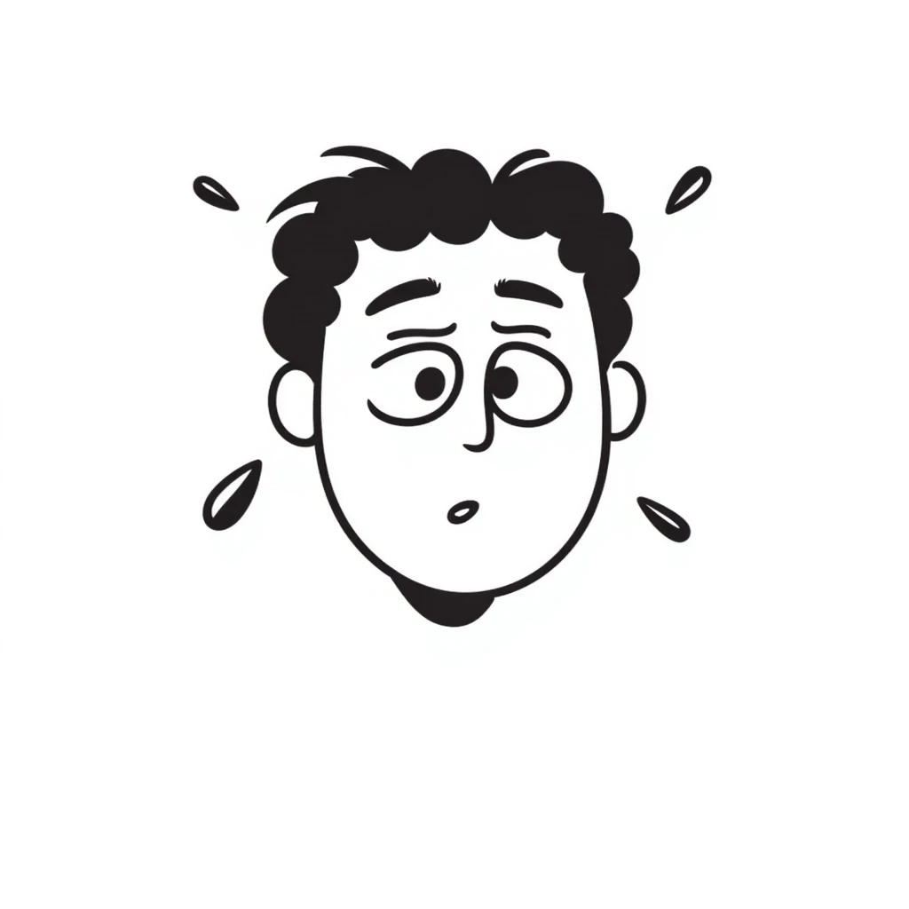 Hand-drawn face with exaggerated sweat drops flying off, stressed expression emoji