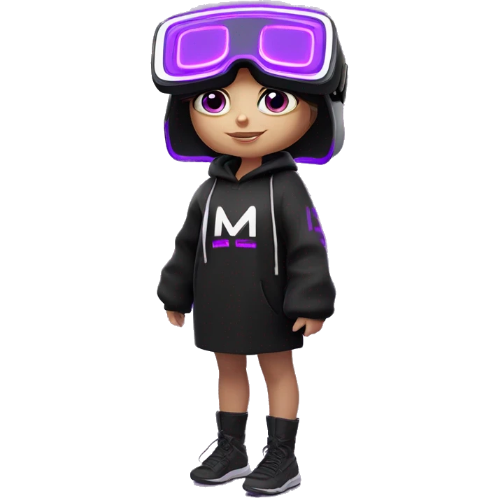 Russian girl wearing black hoody with violet letters "OMG", in vr headset oculus quest2. Standing like jedi. Cyberpunk style. Violet neon. emoji