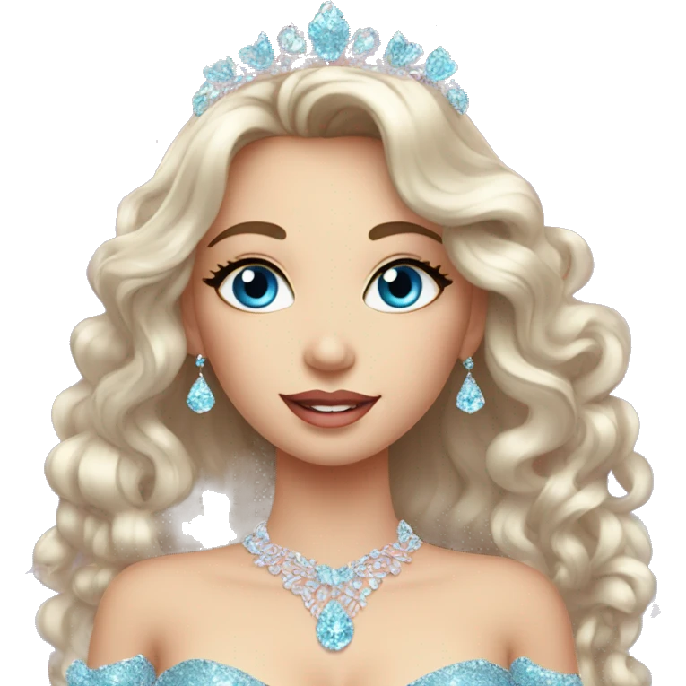 Gorgeous pastel Lady with blue eyes in a sparkly shiny dress with tiara and necklace and flowers behind her and trending  emoji