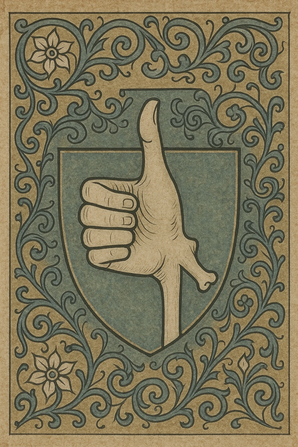 coat of arms in medieval style showing a hand with a thumbs up, thumb unnaturally stretched and bone sticking out at the end, ornate and traditional emoji