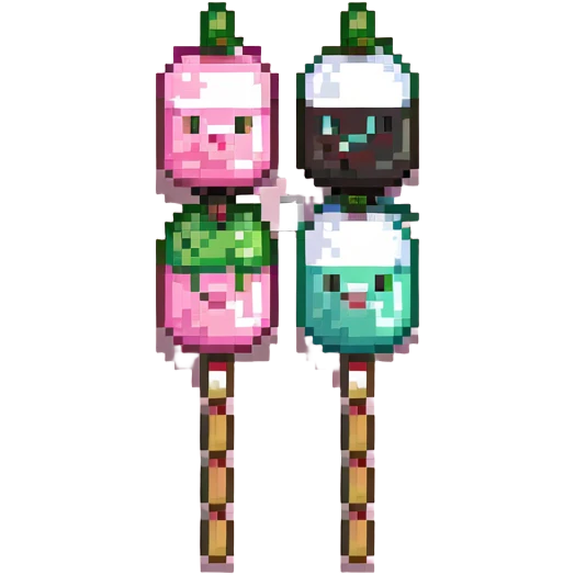 Pixel art Japanese dango skewer with three colorful rice balls in pink, white, and green colors emoji