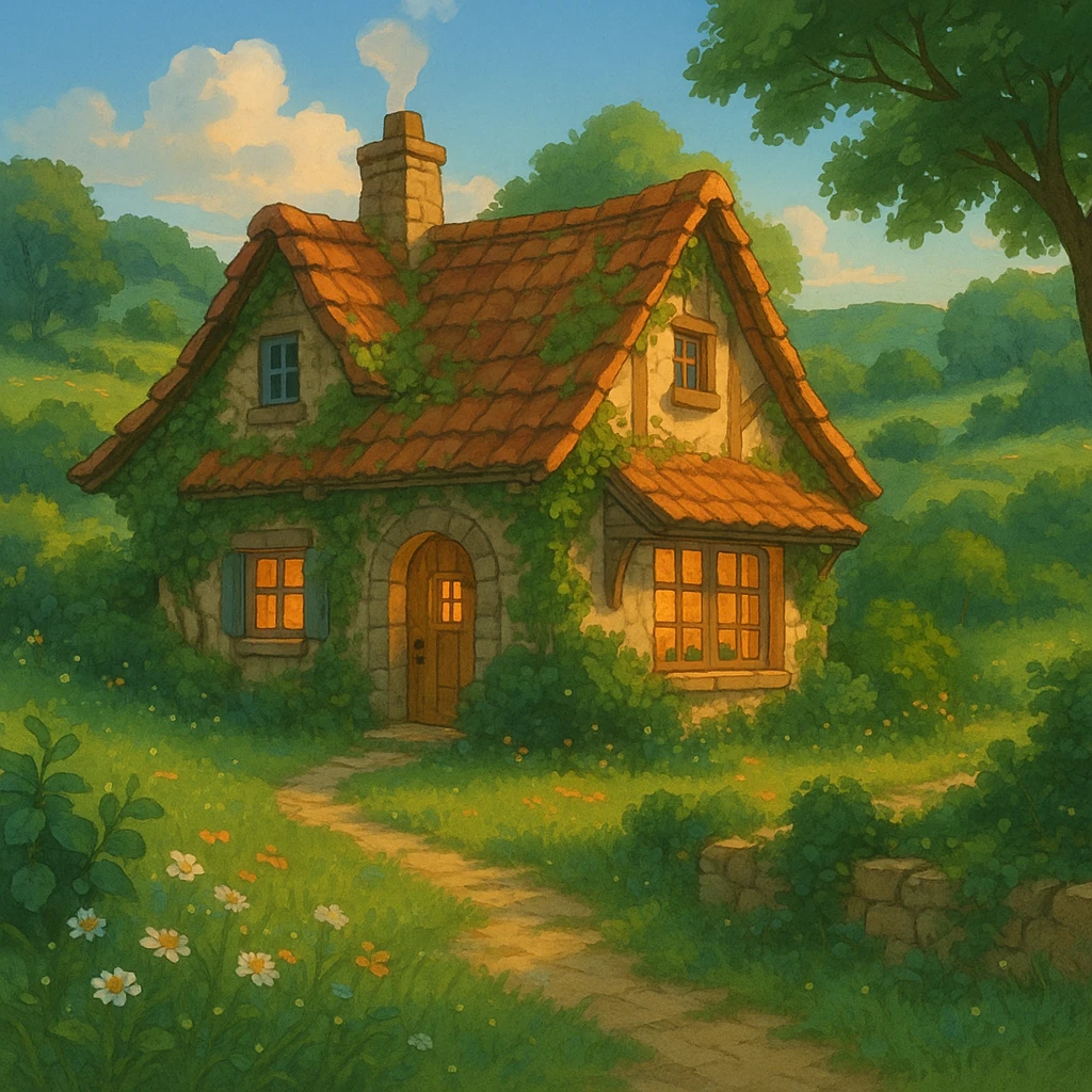 cozy cottage in a lush landscape with warm lighting in ghibli style emoji