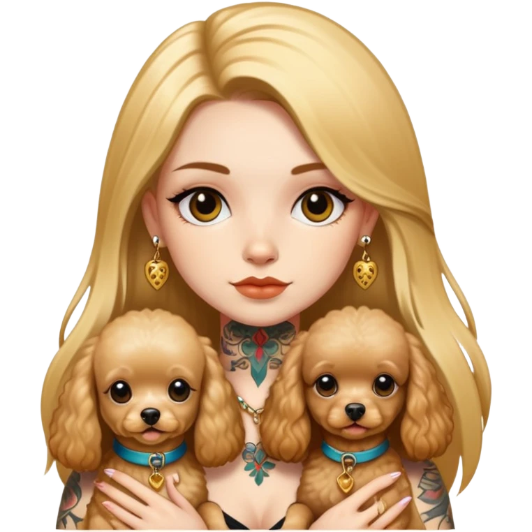 a  girl with glod  straight long hair and tattoos and 2 miniature poodles emoji