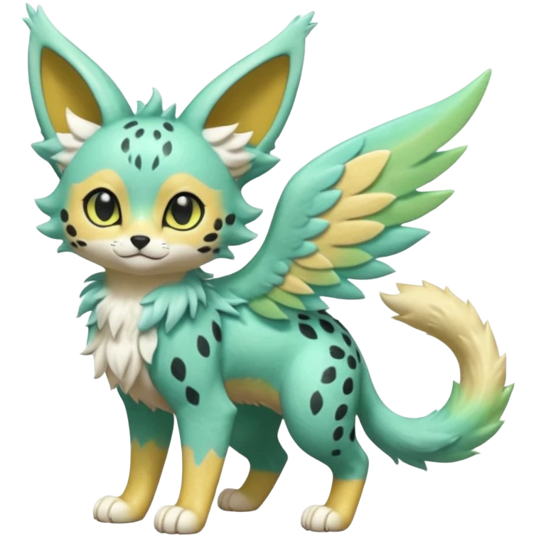 Epic complex detailed pastel minty green, pastel beige yellow pastel realistic aesthetic-scenic-Fakémon-Zorua-Litten-Trico-Sergal-Serval-Vernid-creature (full body) with far wings, shiny sparkly fairycore theme  emoji