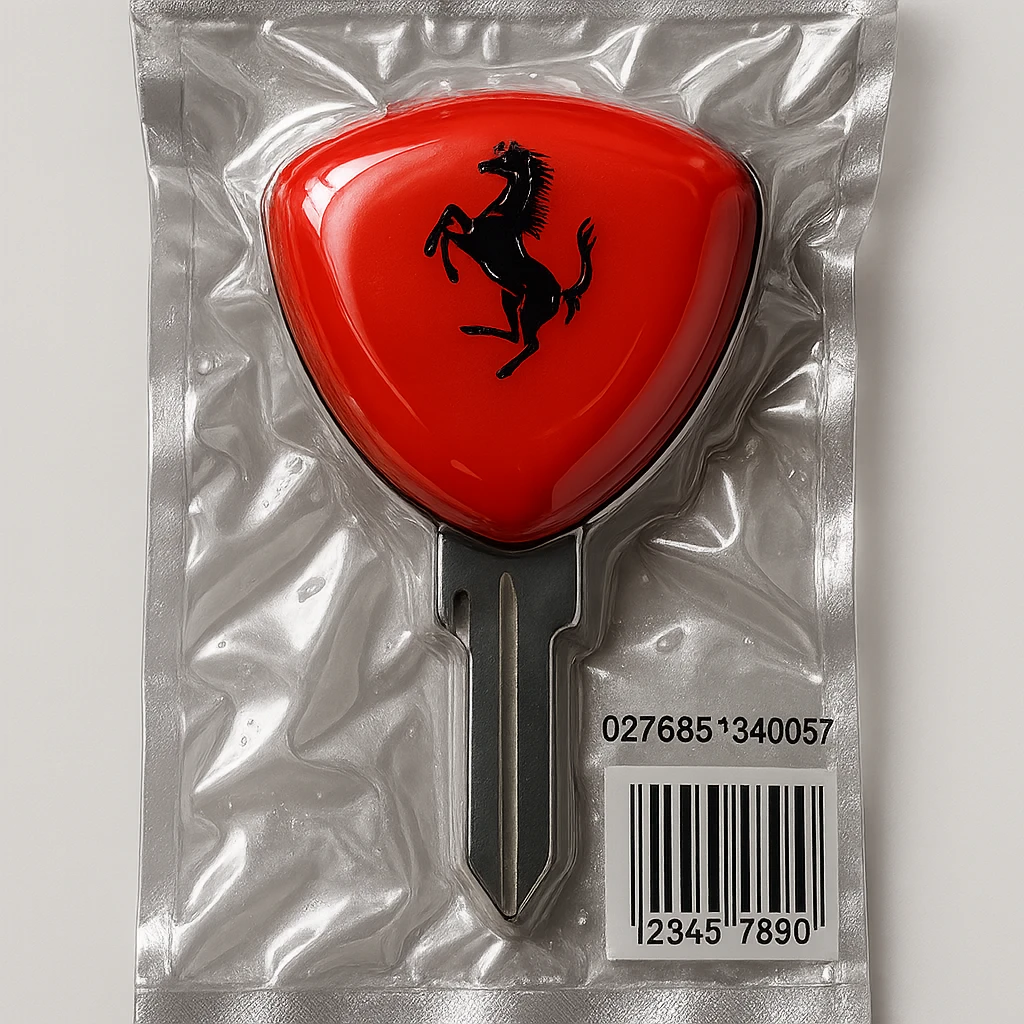 classic Ferrari key, red with silver trim, Ferrari prancing horse logo, shiny and inflated emoji