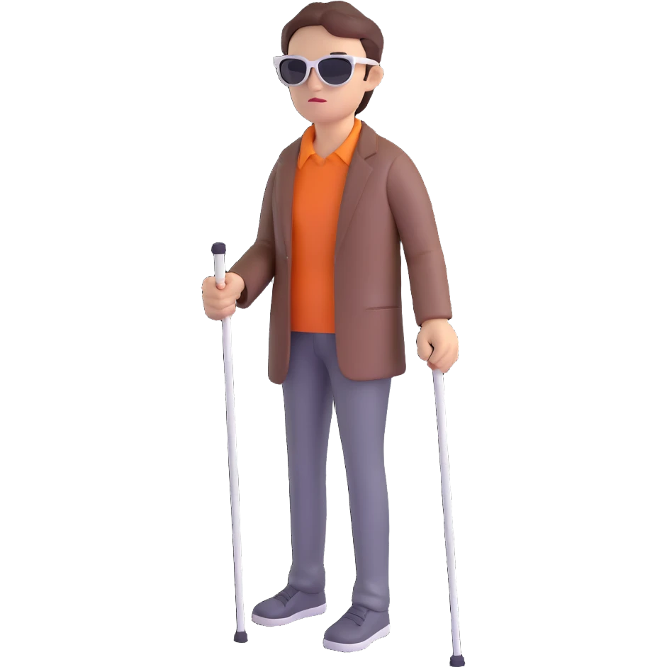 A blind person walking with a white cane, wearing sunglasses, outdoors, daytime. Focus on the cane and posture that indicates visual impairment. emoji