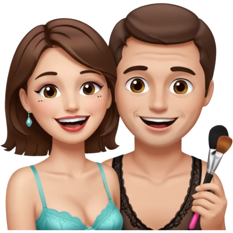 brown hair male getting sissified in lingerie dress by his wife. the wife is crying with laughter. she is doing the males makeup emoji