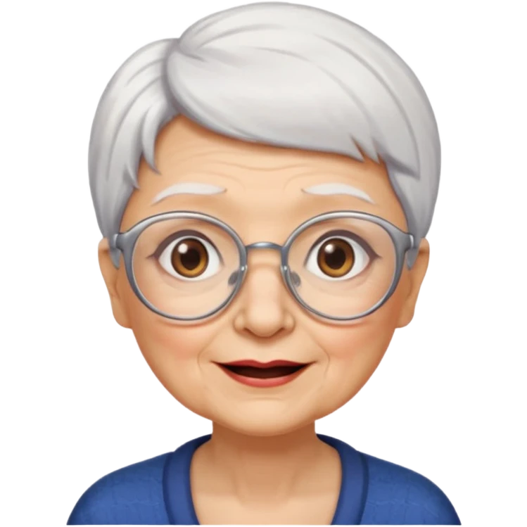 Create me emoji of an old lady. Short white hair to left side. Square glasses. Brown eyes. Rounded really big and wide face. Wide nose. Big mounth emoji