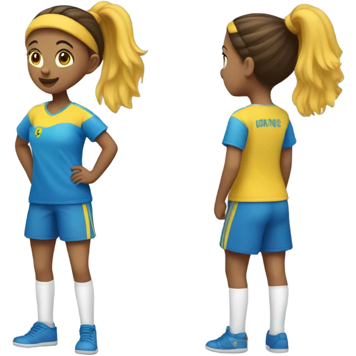 a girl playin handball with a 8 in her back and the t-shirt is yellow and blue and the short trousers blue she has a ponitail she has brown hair emoji