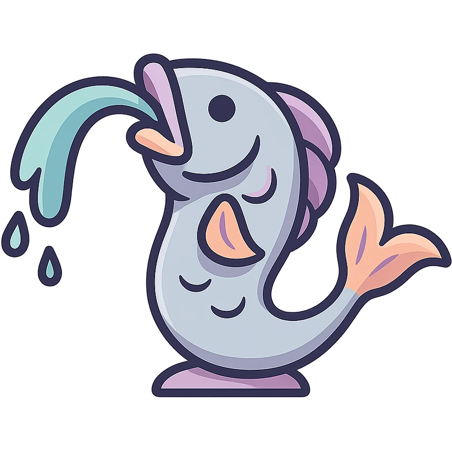 elongated slim fountain in the form of a fish with a water stream flowing from its mouth, eastern style, detailed drawing with shadows and highlights, thin clean contours, soft rounded shapes, pastel palette #98B5BC, #B5B3C1, #C9A3C9, #E4C0CA, #F7DCD1, #F7C0AA, modern Japanese pop art and sticker aesthetics, soft lighting, transparent background, no base or stand emoji