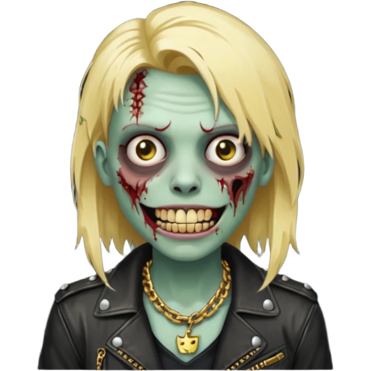 Zombie com dente de ouro e cabelo loiro com corrente e uma jaqueta de couro emoji