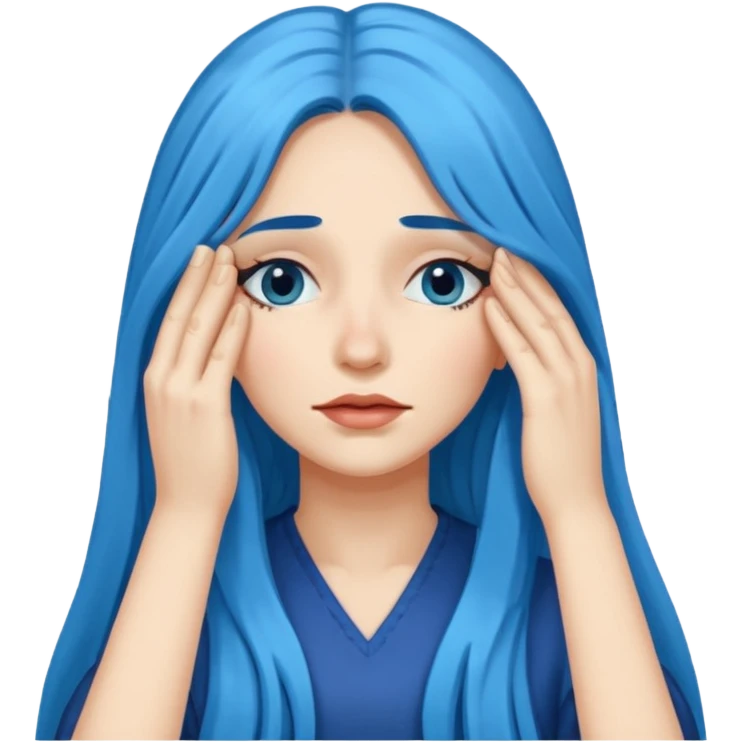 Woman with hand over eyes with long blue hair emoji